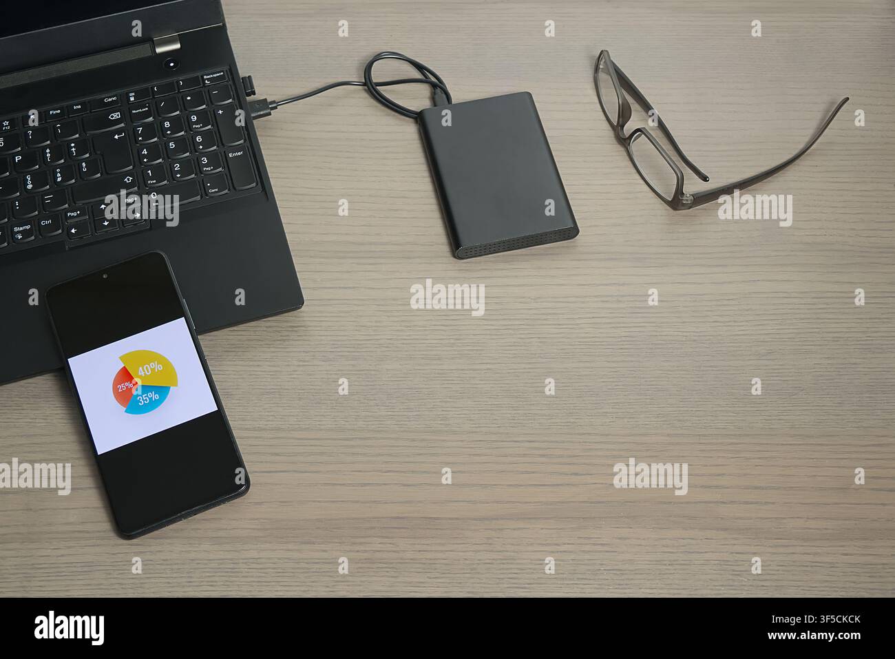 Scena desktop con un laptop collegato a un'unità esterna e uno smartphone che mostra un grafico a torta. Foto Stock