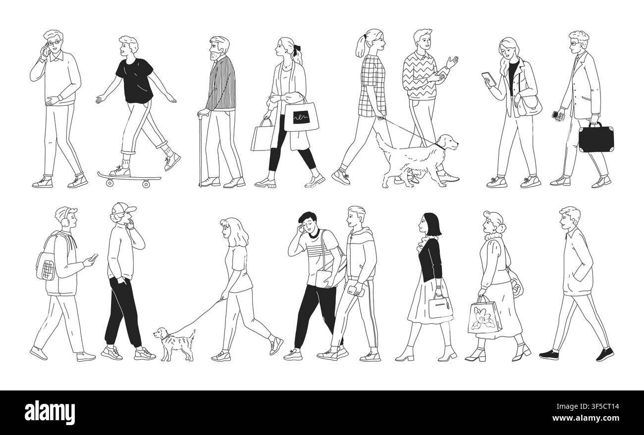 Persone in linea. Disegno a tratto di persona, uomo donna e cane con un semplice umano adulto nero. Inclusione, diversità ragazzo e ragazza con telefoni, borse e skateboard. Set minimo di outline isolato in vettore Illustrazione Vettoriale