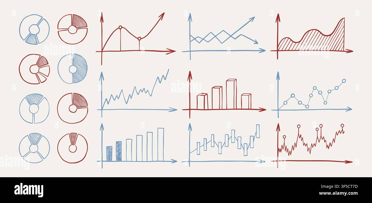 Schizzo di grafico. Grafico di dati disegnato a mano, diagramma a torta grafico o infografica aziendale creativa con elementi creativi, grafici e diagrammi per presentazioni aziendali. Illustrazione isolata in stile doodle vettoriale Illustrazione Vettoriale