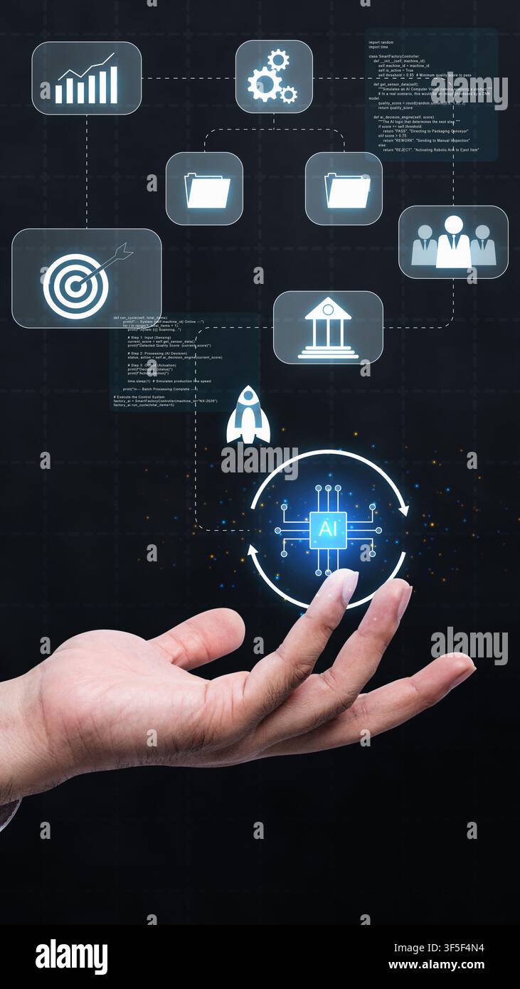 Una mano professionale che presenta un ecosistema digitale di tecnologia AI, analisi dei dati, gestione aziendale e icone di automazione su uno sfondo scuro Foto Stock