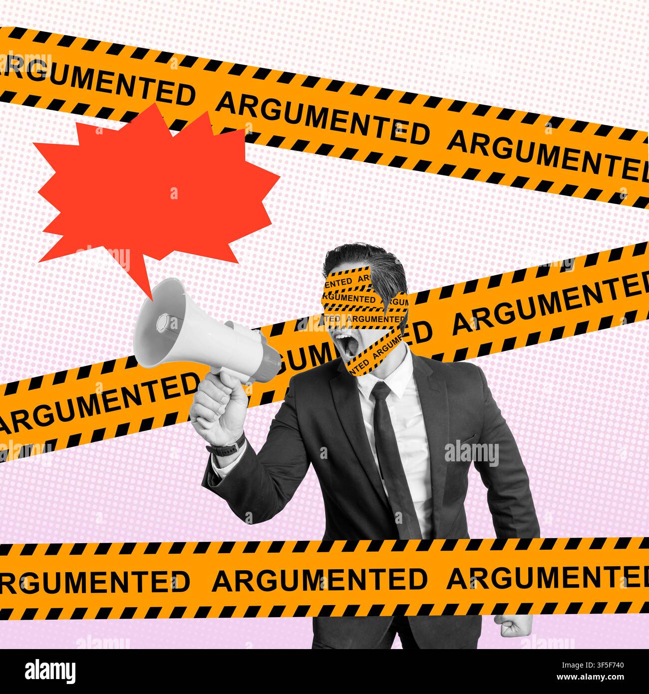 Collage di arte contemporanea con un uomo in giacca e cravatta che urla in un megafono con nastro segnaletico sugli occhi, simboleggiando dibattiti accesi, rumore mediatico Foto Stock