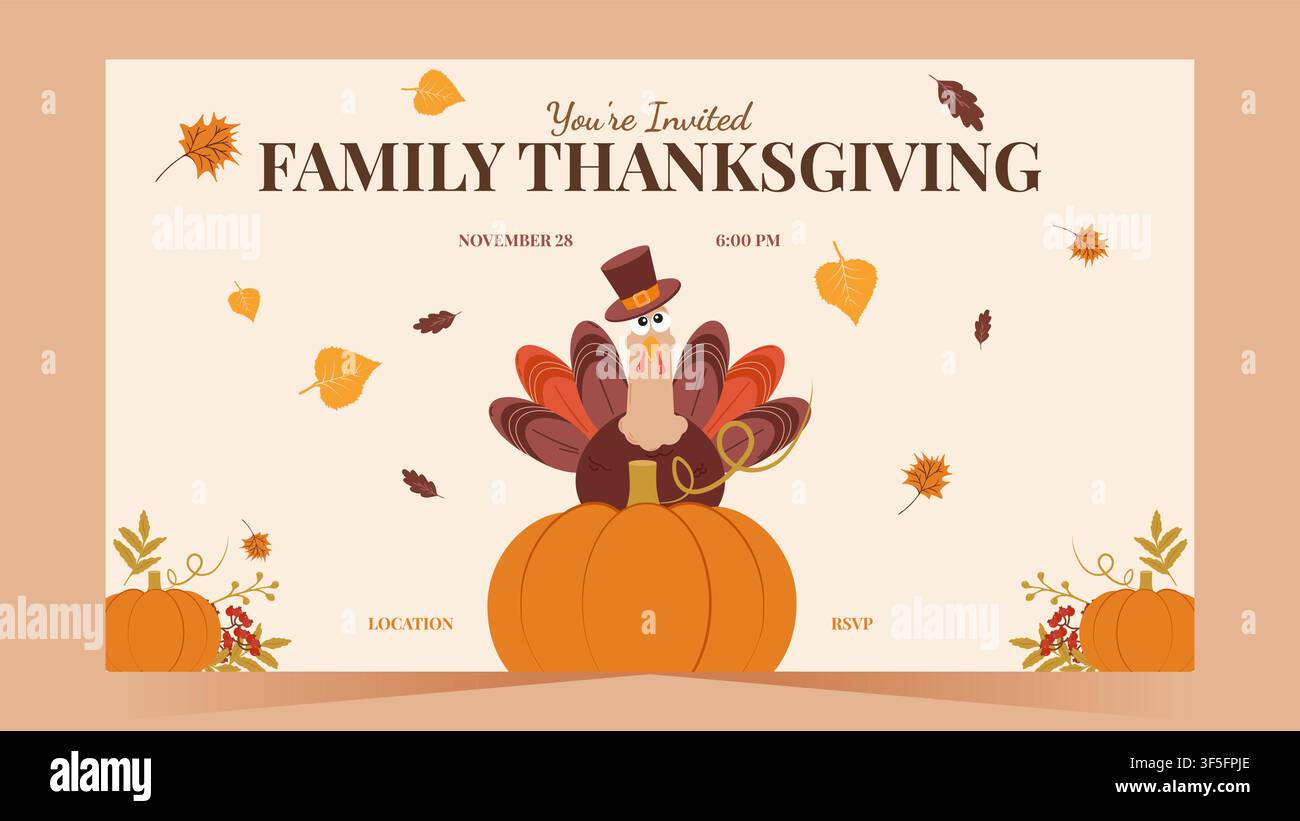 Tacchino carino con zucche e ghirlanda autunnale per un invito a una cena del Ringraziamento. Ideale per biglietti di auguri, eventi di festa e design di stampa, illustrazione vettoriale. Illustrazione Vettoriale