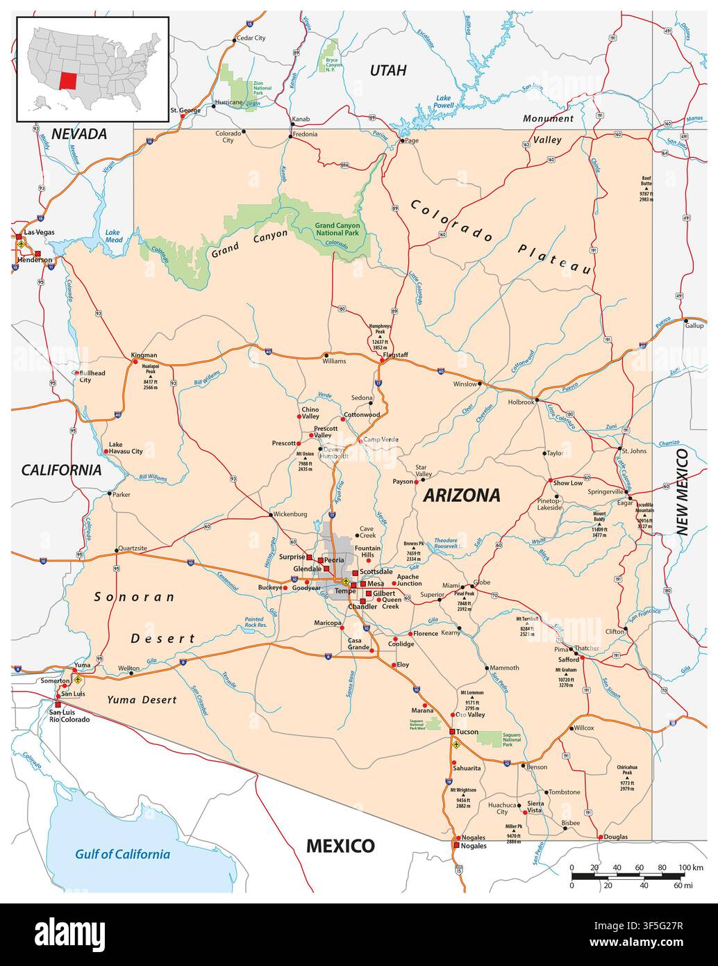 Mappa dello stato americano dell'Arizona Foto Stock