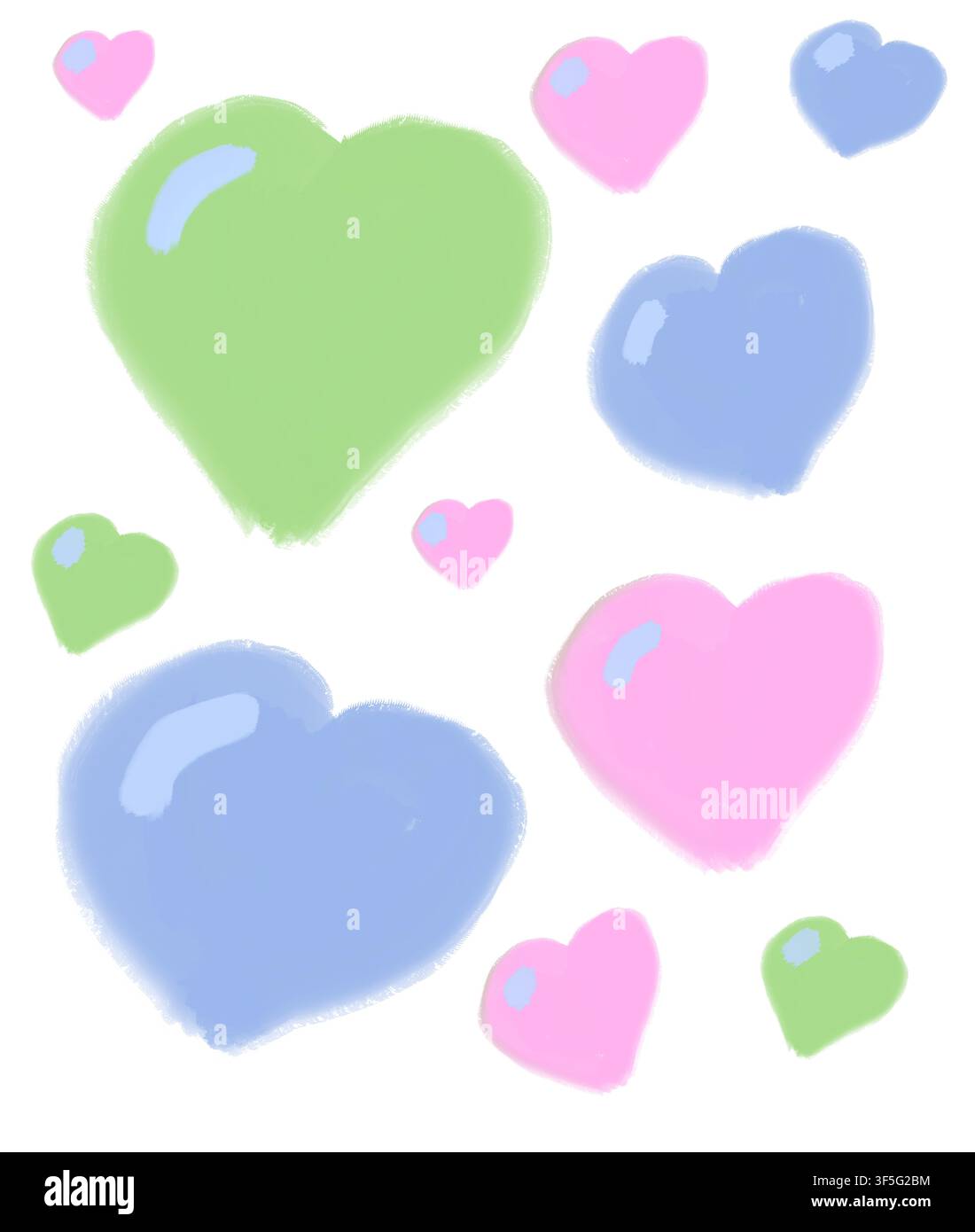 Un set di clipart a forma di cuore con texture a pennello disegnati a mano, in rosa pastello, verde e blu, con dimensioni variate per composizioni a strati. Ottimo per biglietti di San Valentino. Foto Stock