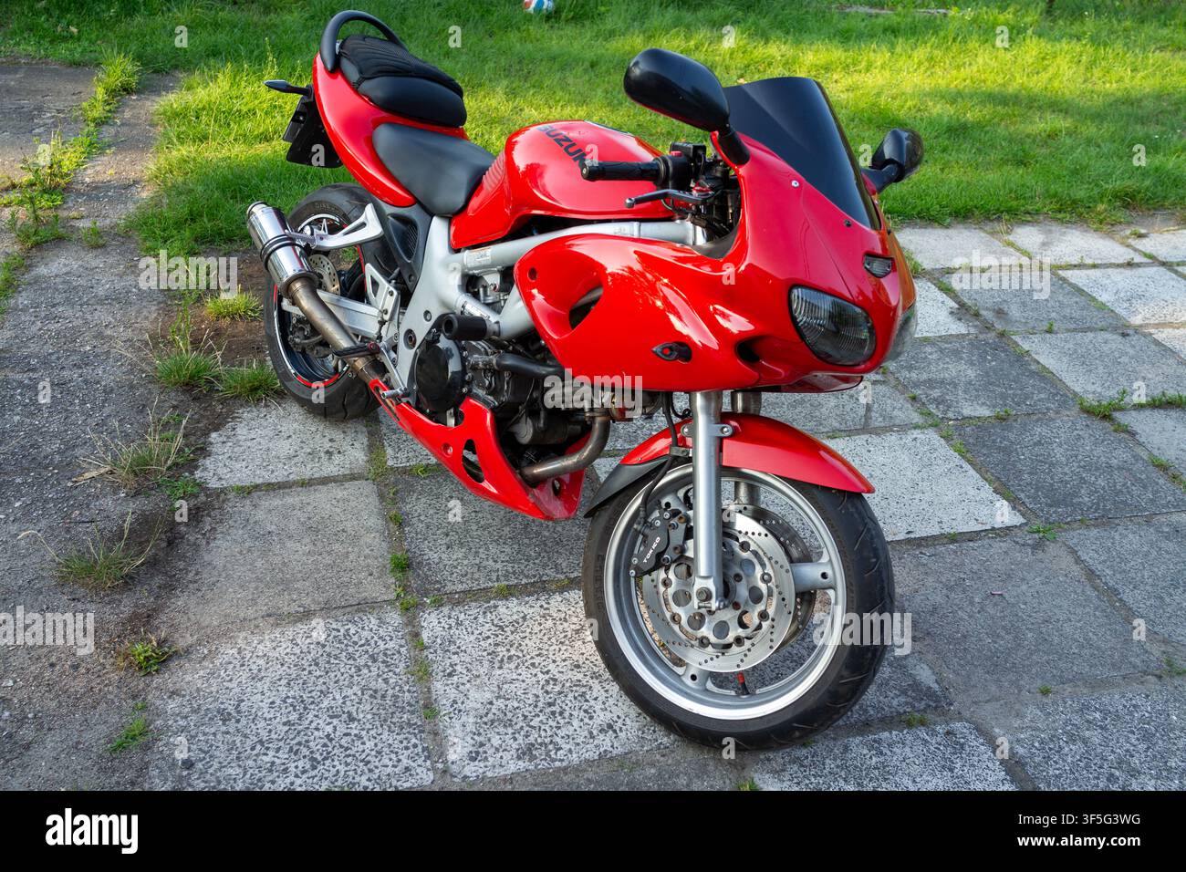 Moto rossa parcheggiata su pietre lastricate. Lo sfondo erboso aggiunge un contrasto naturale. La finitura pulita e lucida riflette la luce del sole. Ideale per gli appassionati di moto Foto Stock