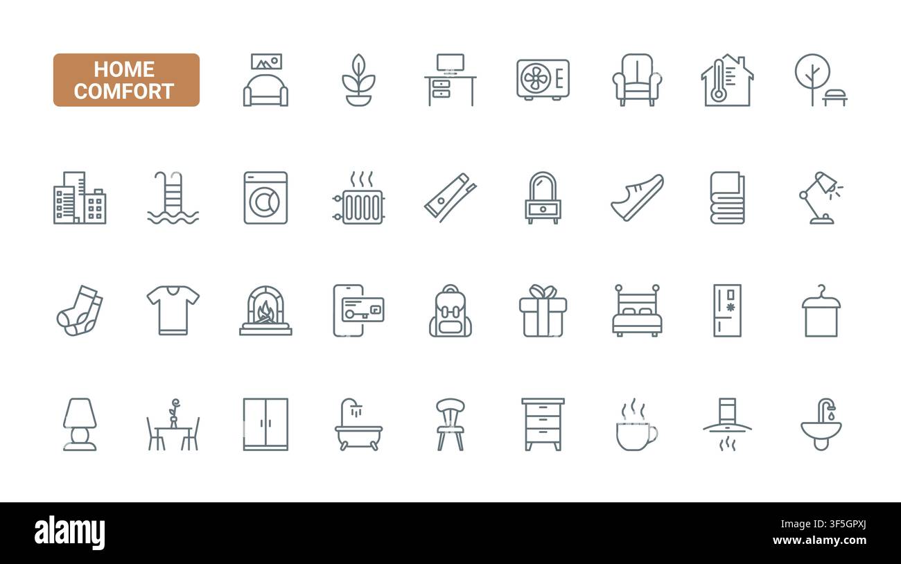 Simboli di comfort domestico con mobili accoglienti, riscaldamento, illuminazione, bagno, lavanderia e articoli per la casa essenziali per scene di vita quotidiana interne, set di icone lineari nere, illustrazione vettoriale Illustrazione Vettoriale