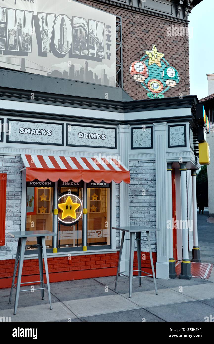 Stand di snack a tema Mario all'Universal CityWalk Hollywood Foto Stock