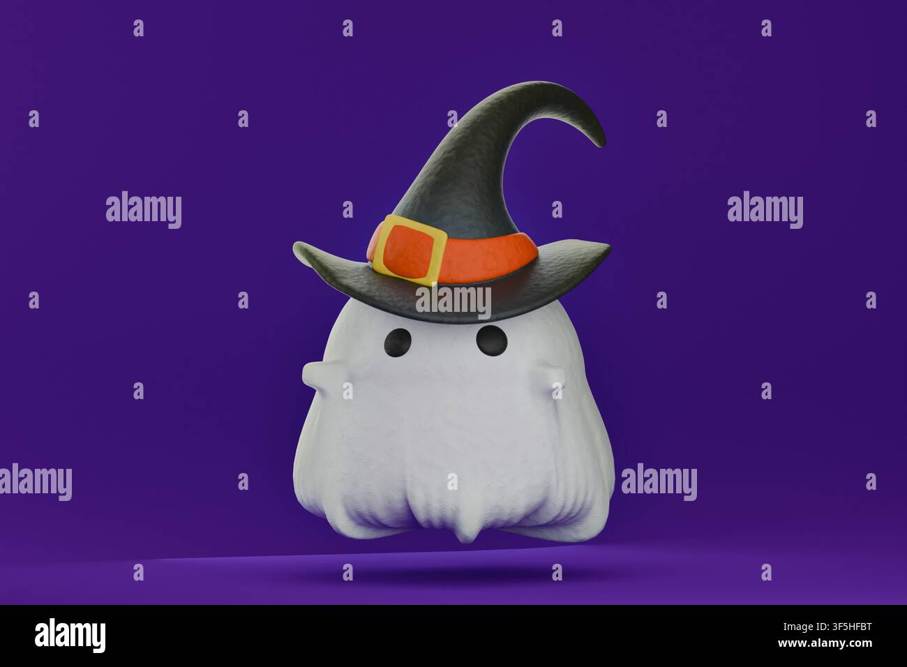 Icona fantasma 3D con cappello da strega, simpatico personaggio di cartone animato in argilla per Halloween isolato Foto Stock