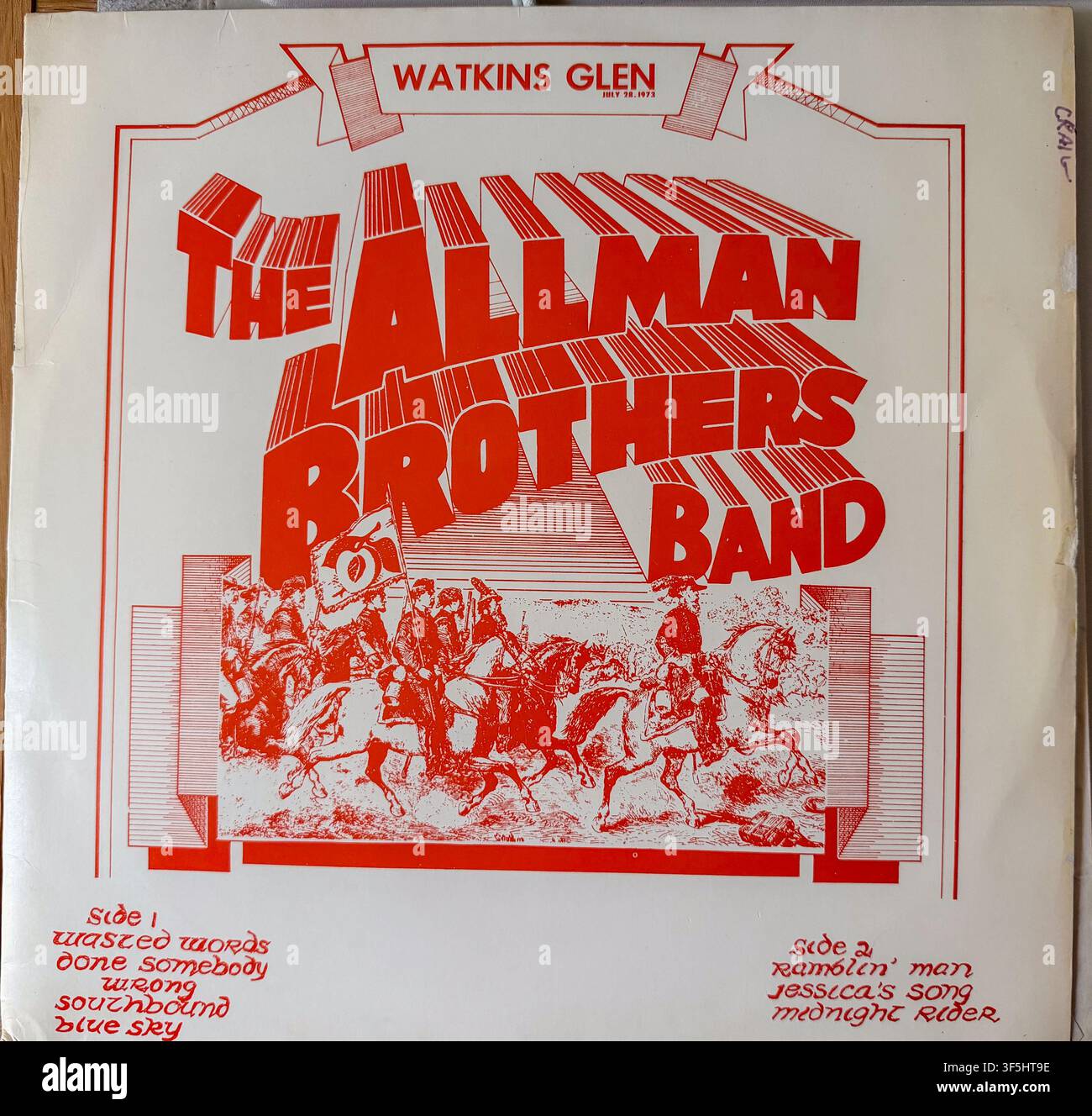 "The Allman Brothers Band" (Watkins Glen), LP, fuori etichetta, illustrazione, primo piano, copia bootleg Foto Stock