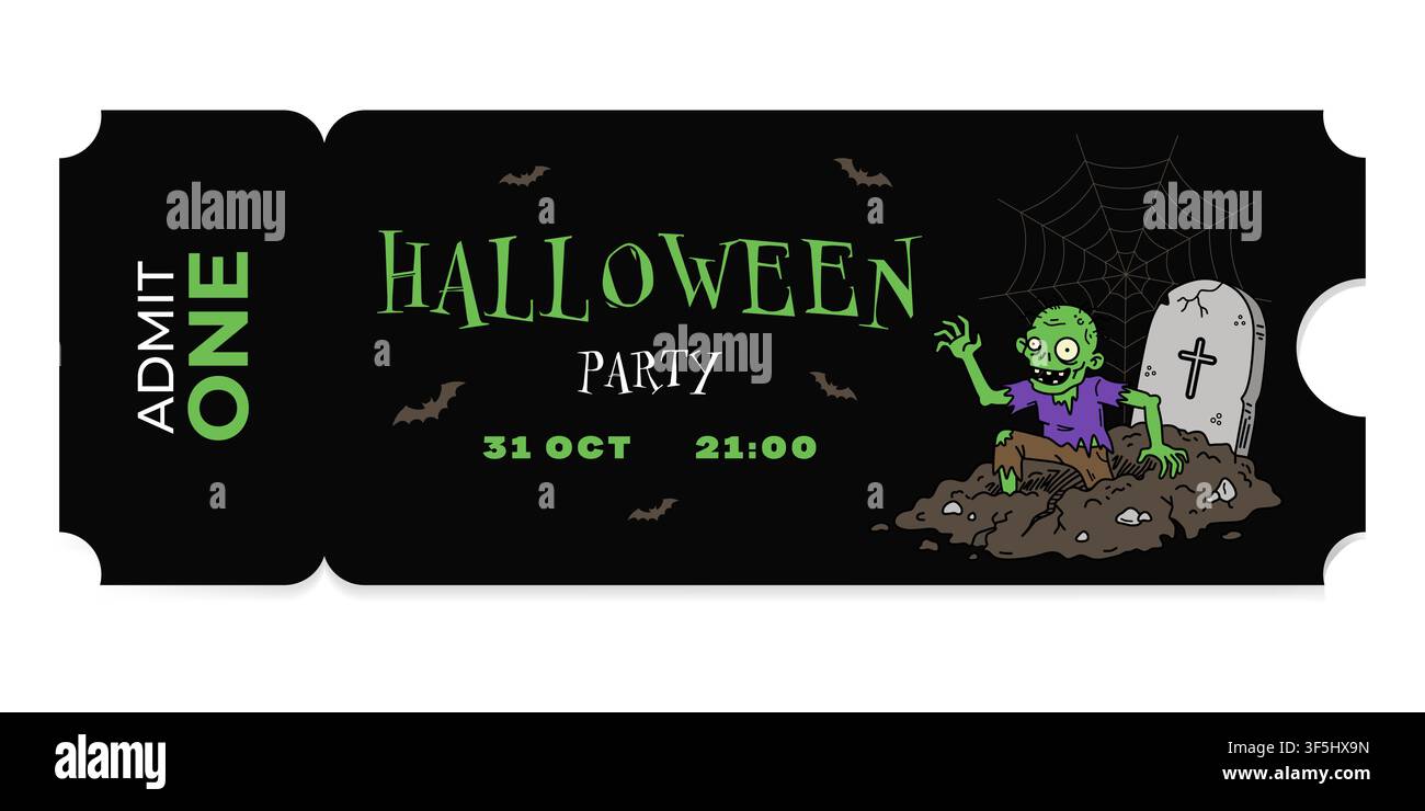 Modello di biglietto per una festa di Halloween con zombie, lapide e ragnatela. Pass evento modificabile "admit one" in stile vettore piatto su sfondo nero. Illustrazione Vettoriale