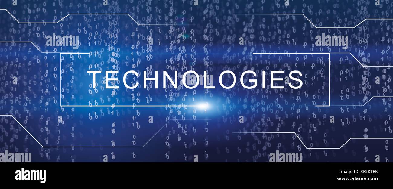 Futuristico Banner Techno con le tecnologie scritte sul codice binario cadente Cifre sfondo Foto Stock