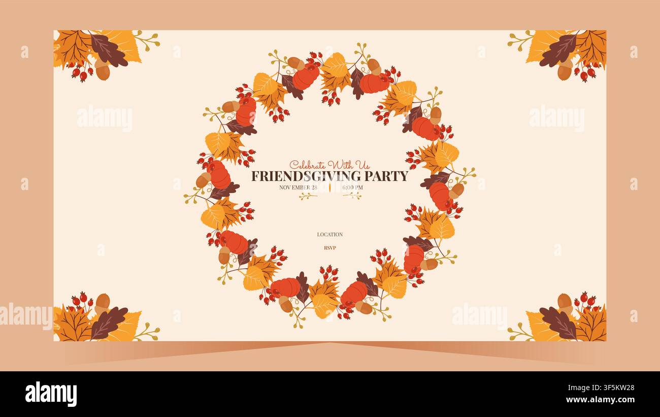 Tacchino carino con zucche e ghirlanda autunnale per un invito a una cena del Ringraziamento. Ideale per biglietti di auguri, eventi di festa e design di stampa, illustrazione vettoriale. Illustrazione Vettoriale