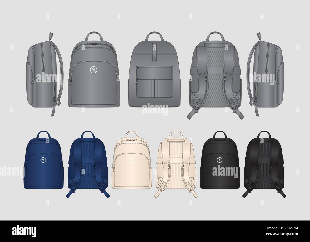 Mockup vettoriale di prodotto di zaino professionale casual per laptop con disegno tecnico a più viste, pannello posteriore ergonomico e scomparti di stoccaggio utilitari Illustrazione Vettoriale