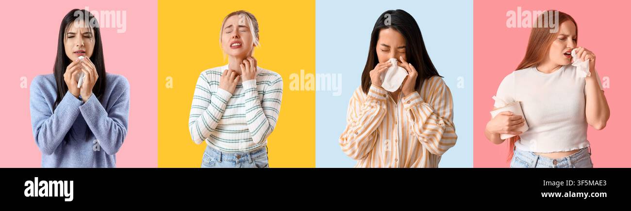 Quattro giovani donne che sperimentano sintomi di allergia, starnutiscono, prudono e si soffiano il naso, su sfondi colorati Foto Stock