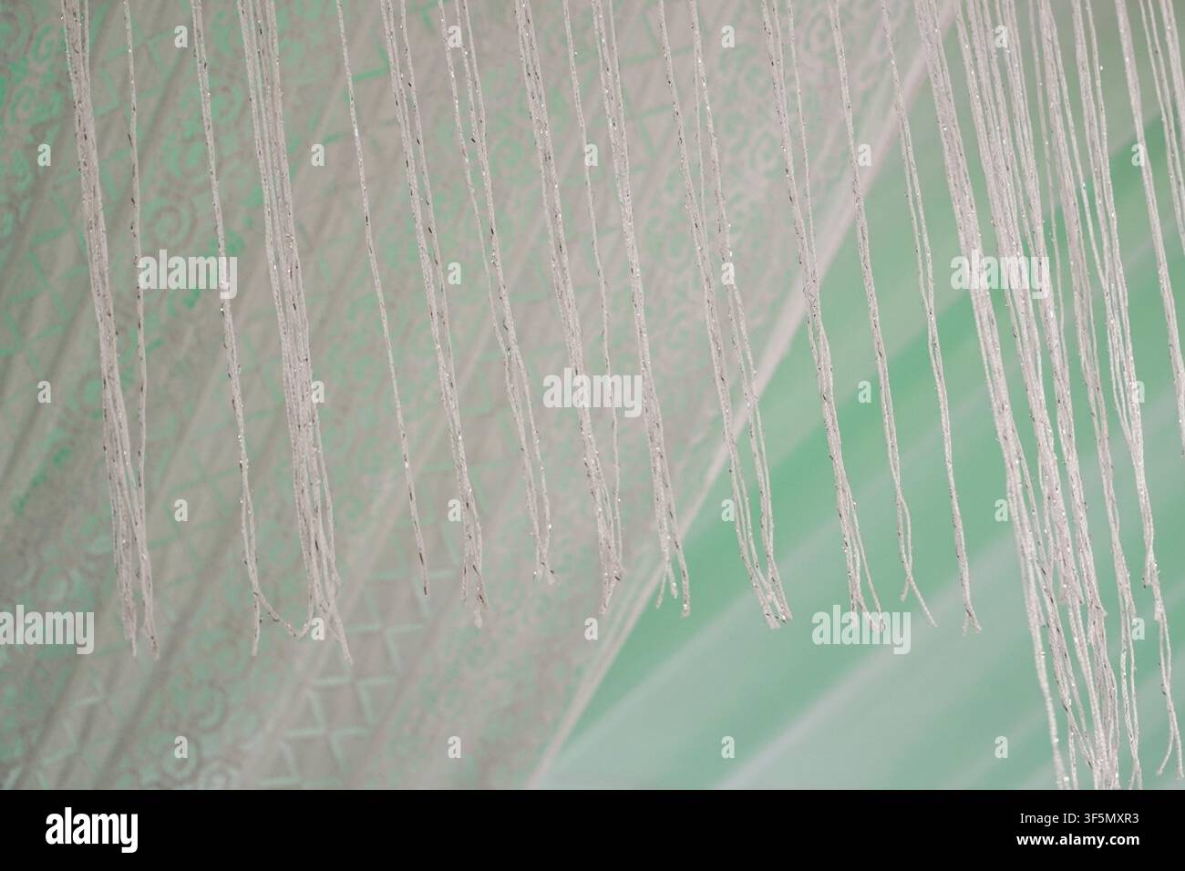 Primo piano di eleganti fili di frange bianchi appesi su uno sfondo di tessuto verde menta a motivi. Ideale per temi di matrimoni, feste o design d'interni Foto Stock