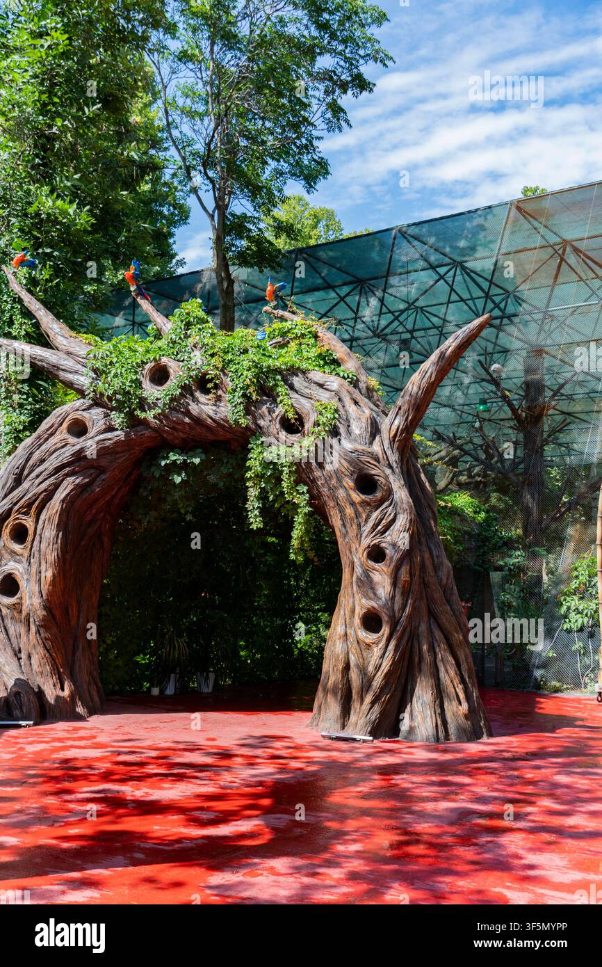 Tashkent, Uzbekistan, 2 luglio 2026: Foto di un arco di albero fantastico decorato con una vegetazione lussureggiante e pappagalli colorati in un parco pubblico a tema in una giornata soleggiata Foto Stock
