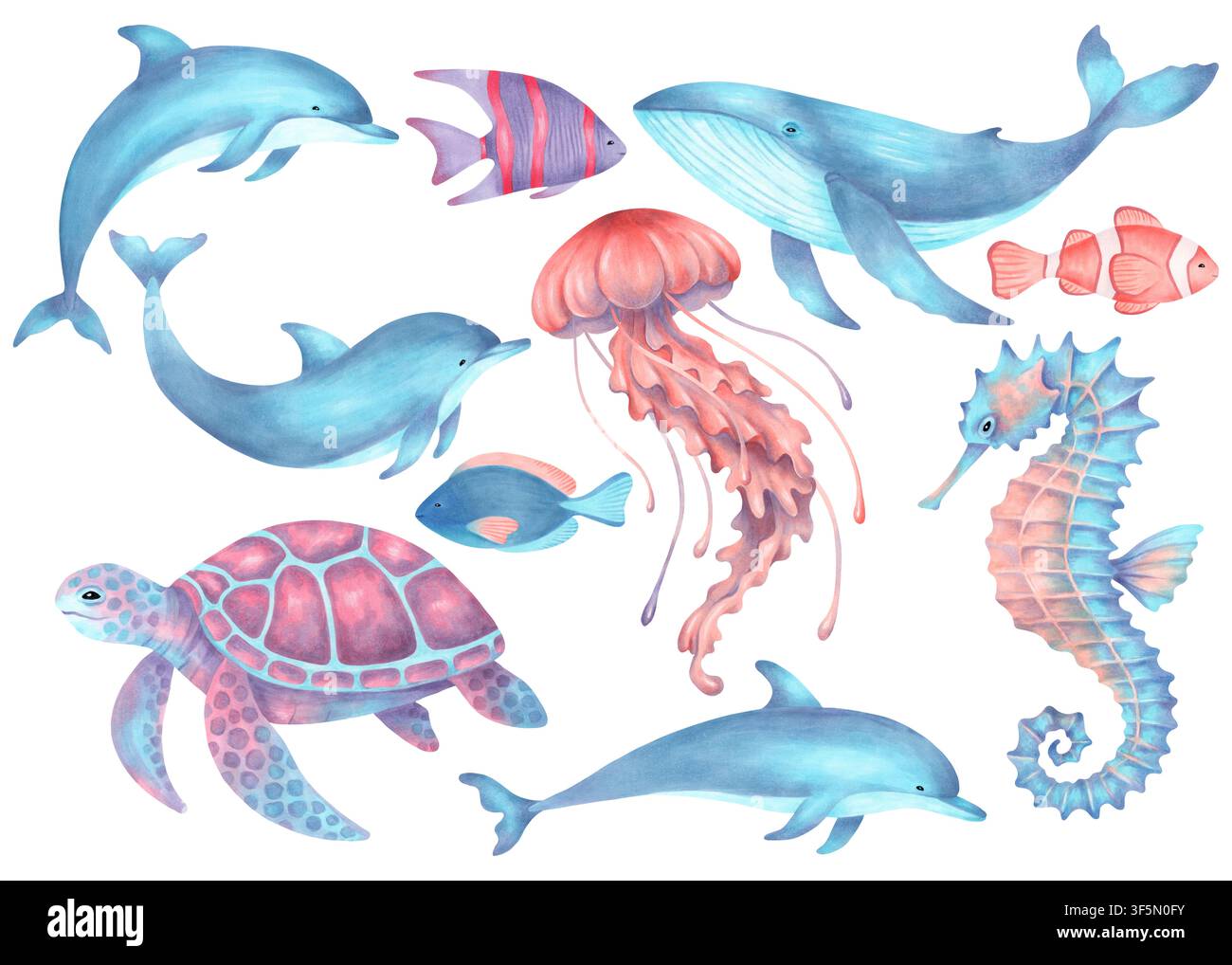 Collezione di animali marini ad acquerello: delfino, balena, tartaruga, medusa, cavalluccio marino e pesci pagliaccio tropicali, pesci angelo, pesci chirurgo. Clipart cartoon Foto Stock