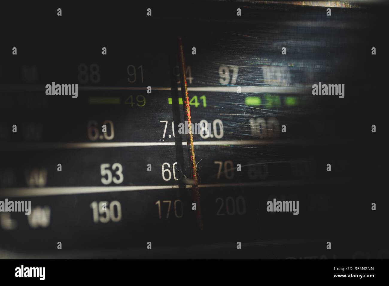 Vista macro ravvicinata di un display di sintonizzazione radio analogico con numeri di frequenza e indicatore dell'ago evidenziati da un raggio di sole in uno stile retrò caldo Foto Stock