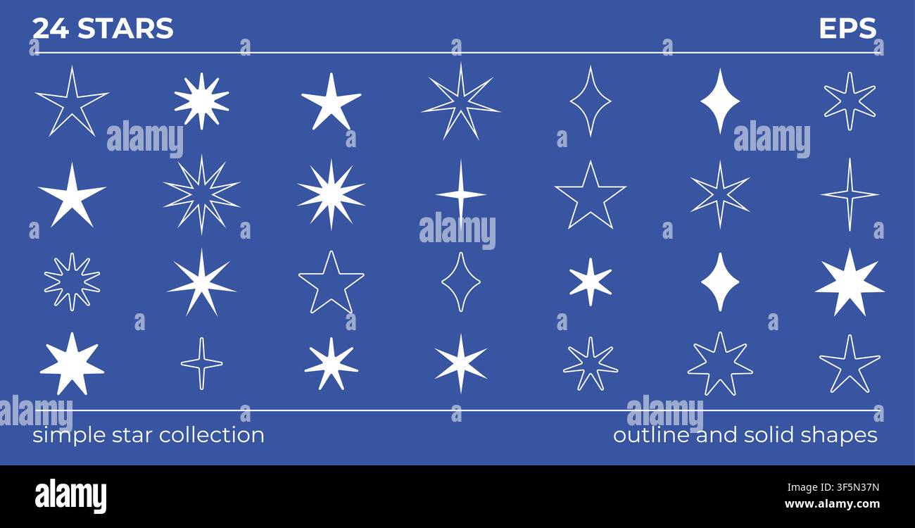 Stelle bianche formano una semplice collezione di forme di contorno e icone piene disposte ordinatamente su uno sfondo blu Illustrazione Vettoriale