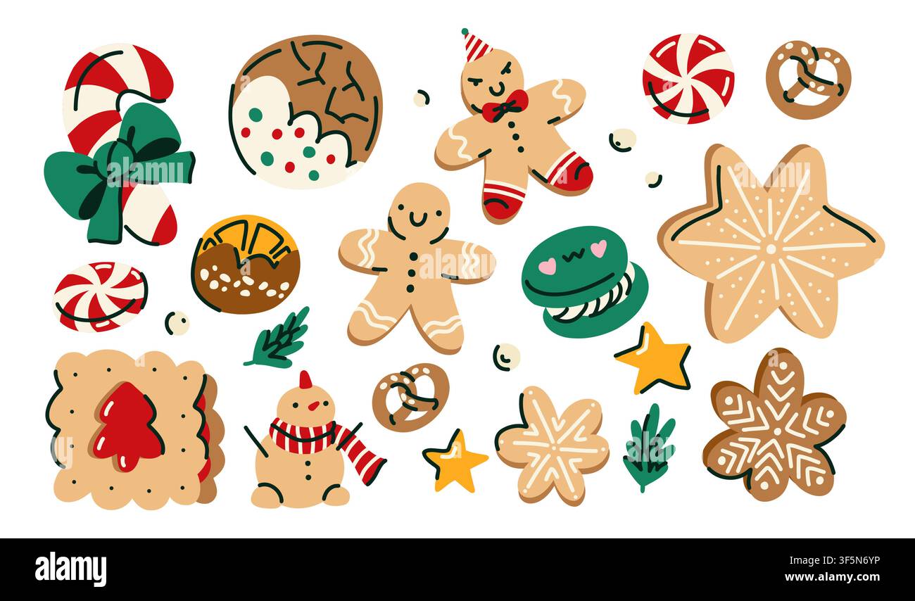 Collezione di dolci natalizi disegnati a mano con biscotti, caramelle, torte e dessert festivi. Perfetto per biglietti di auguri, branding di panetteria, confezioni stagionali Illustrazione Vettoriale