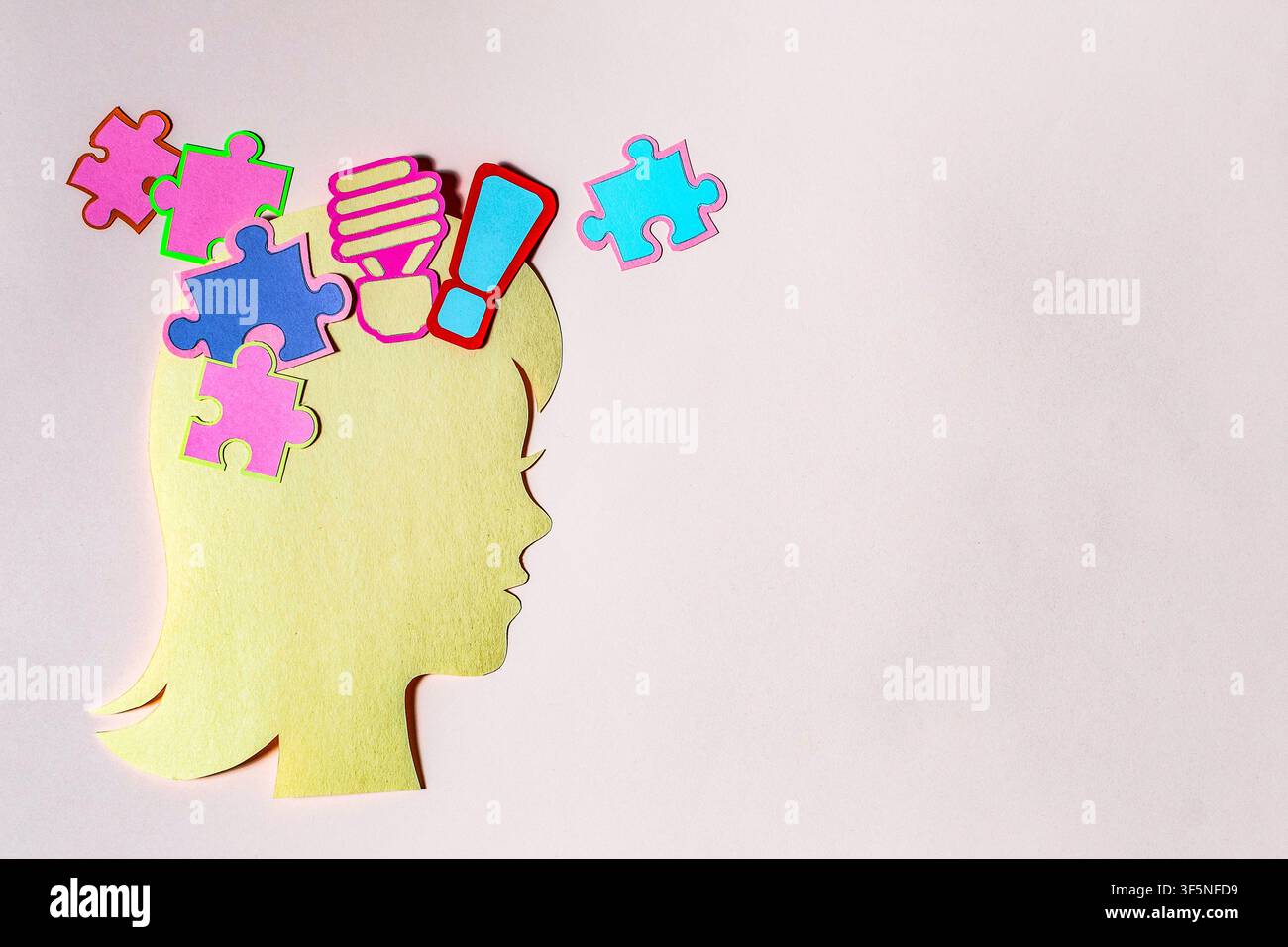 Testa di carta con pezzi di puzzle, lampadina dell'idea e punto esclamativo che rappresentano i pensieri Foto Stock