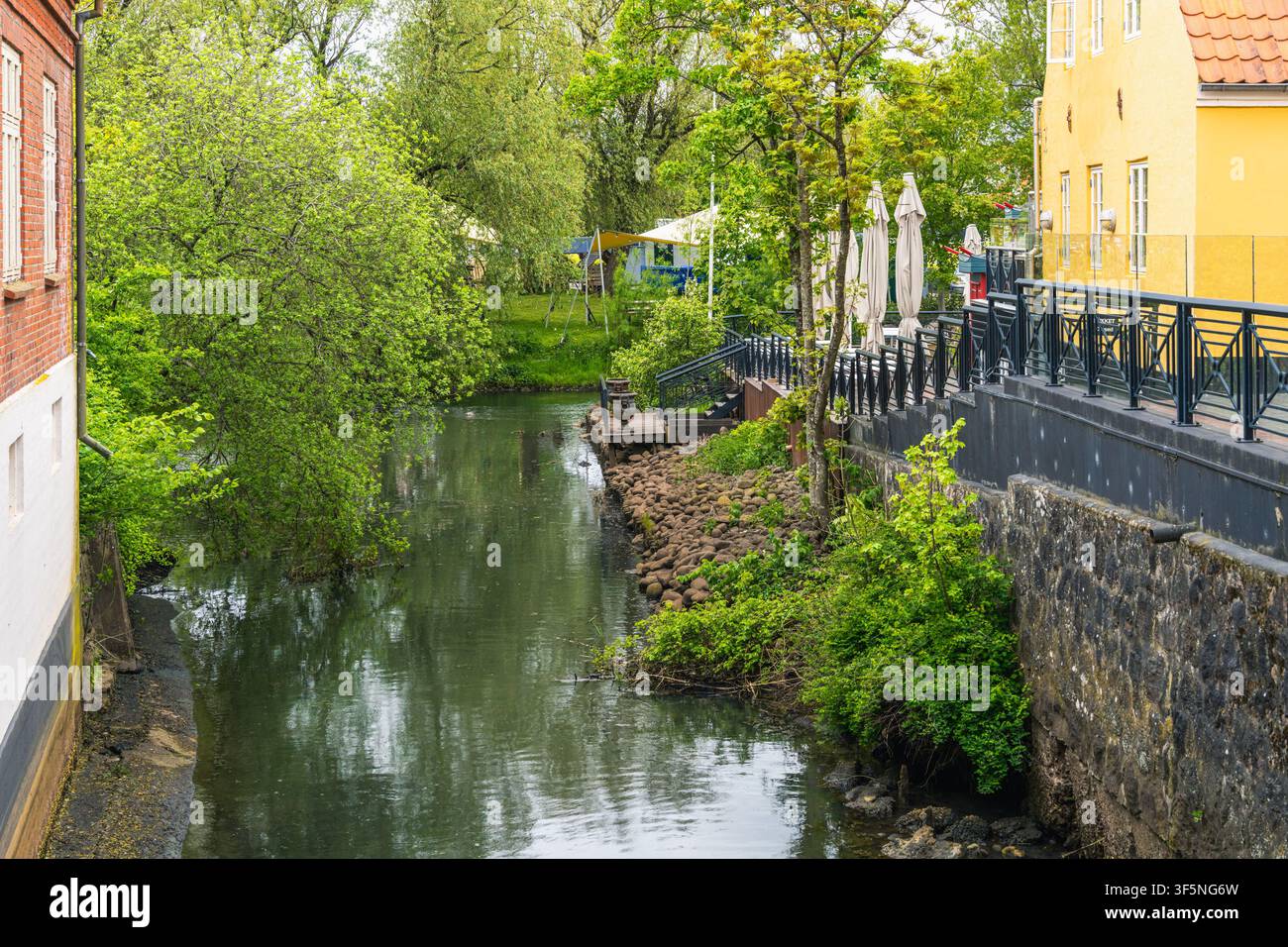 La vegetazione urbana modellata dall'acqua segue un corso d'acqua urbano tranquillo tra edifici e vegetazione a Ribe, Danimarca, per città sostenibili, ambiente locale a Foto Stock