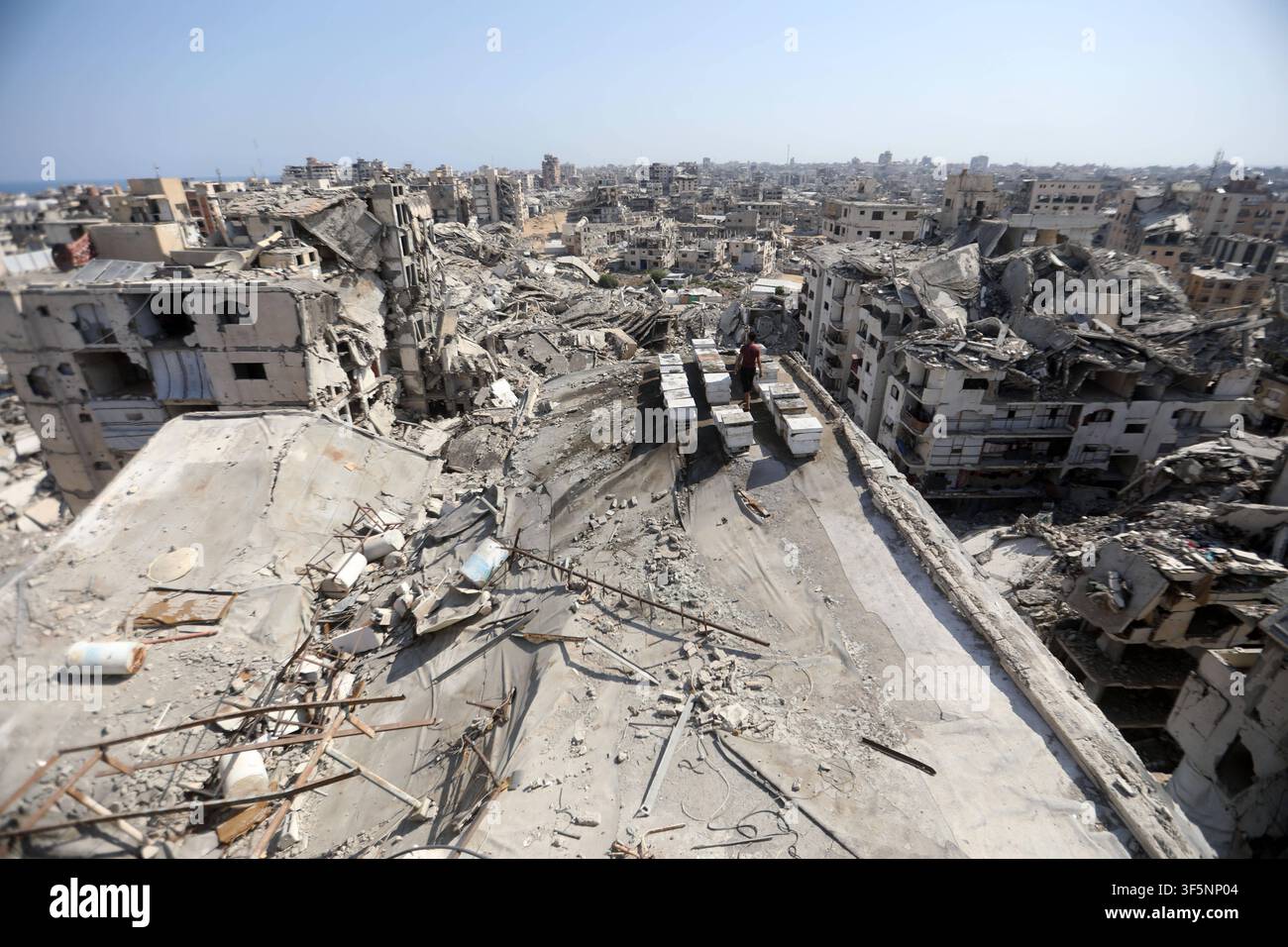 Gli alveari rimangono sulla sommità di un edificio danneggiato a Gaza City nonostante la guerra Gli alveari sono visibili sul tetto di un edificio residenziale danneggiato dalla guerra nel quartiere di Tel al-Hawa di Gaza City il 3 agosto 2026, dove l'apicoltore palestinese Ibrahim Naji Al-Dabba, assistito dai suoi figli, continua a prendersi cura delle sue ultime arnie. Gli apicoltori dicono che la guerra in corso ha sfollato molti di loro e causato carenze di attrezzature e un calo del numero di alveari, minacciando il futuro di una delle più antiche professioni tradizionali della Striscia di Gaza. Foto di Bilal Osama apaimages Gaza City Striscia di Gaza Territorio palestinese Foto Stock