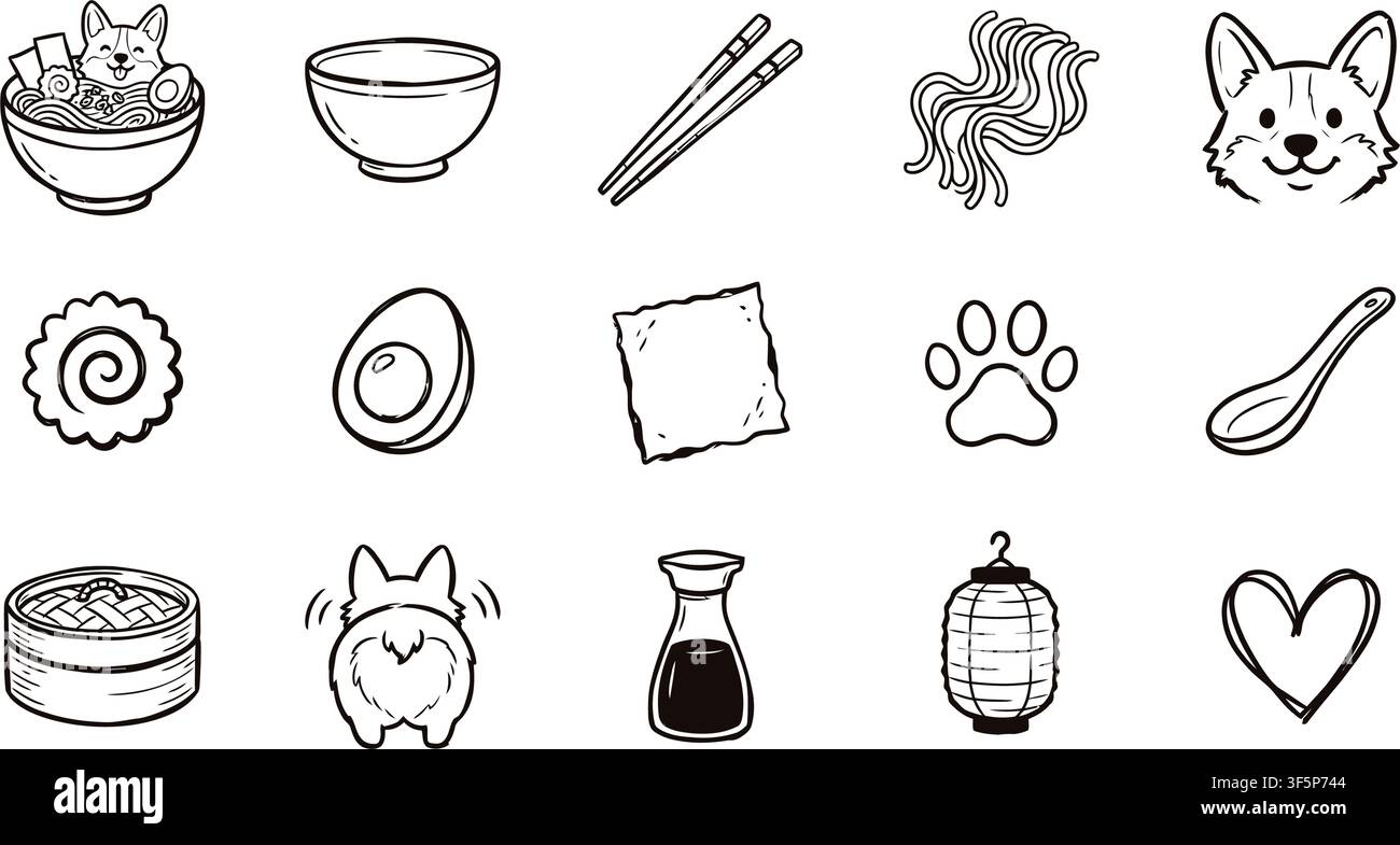Set di icone disegnate a mano con noodles giapponesi e cuccioli di cane che mostrano ritratti di volti di cani, polpette di pesce narutomaki, uova sode e fogli di alghe Nori e impronte di zampe Illustrazione Vettoriale