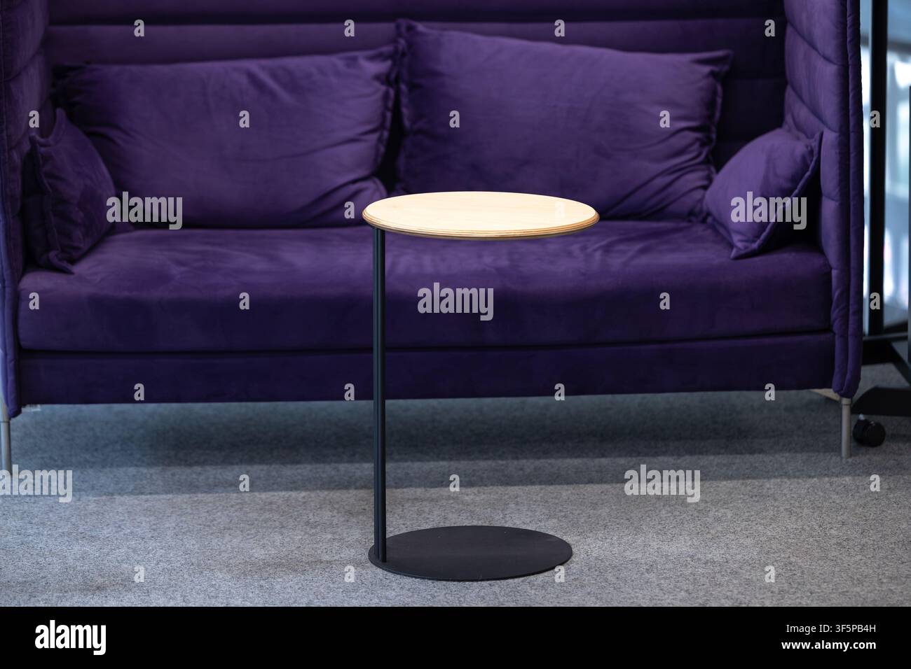 Scena d'interno moderna con un morbido divano viola, cuscini morbidi posizionati dietro un tavolino rotondo in legno minimalista con una base sottile in metallo nero su un g Foto Stock