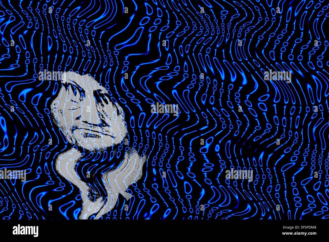 Testa umana spettrale su display digitale. Numeri zero e uno blu, ondulati e surreali. Codice binario deformato e contorto e mente immaginaria nello spazio cyber astratto. Foto Stock