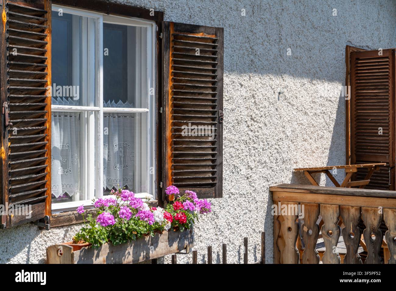 Finestra alpina rustica con persiane in legno marrone, tende di pizzo bianche e fiori in fiore rosa. Foto Stock