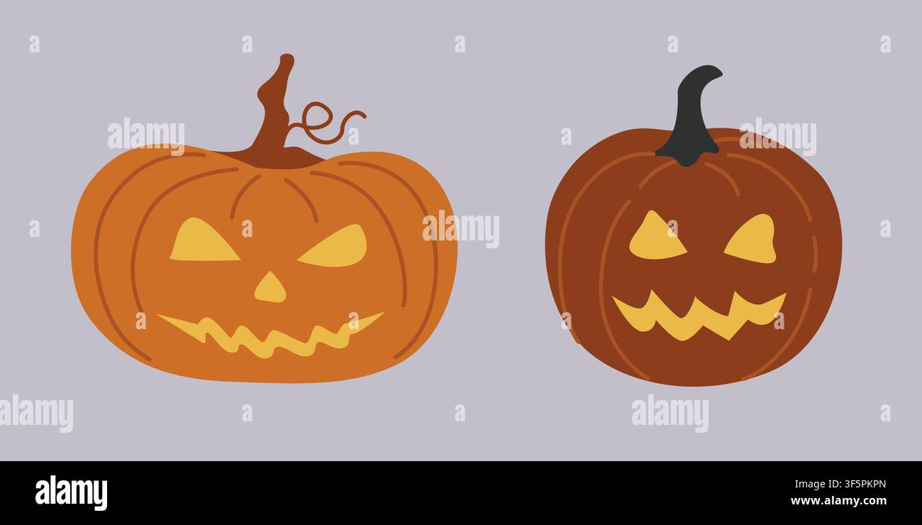 Illustrazione di facce di zucca di Halloween disegnate a mano con volto di Jack-o'-lanterna intagliato e luce all'interno per decorazioni stagionali o feste Illustrazione Vettoriale
