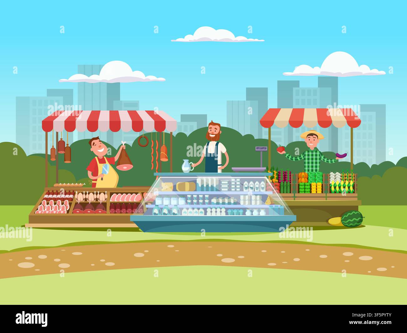 Mercato locale con bancarelle di macelleria, latticini e ortaggi in un'illustrazione vettoriale della città Illustrazione Vettoriale