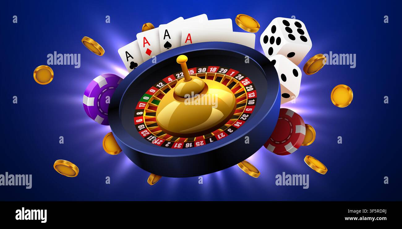 Concetto di gioco d'azzardo al casinò con roulette, carte da gioco, dadi e fiches. Illustrazione vettoriale realistica del gioco d'azzardo. Illustrazione Vettoriale
