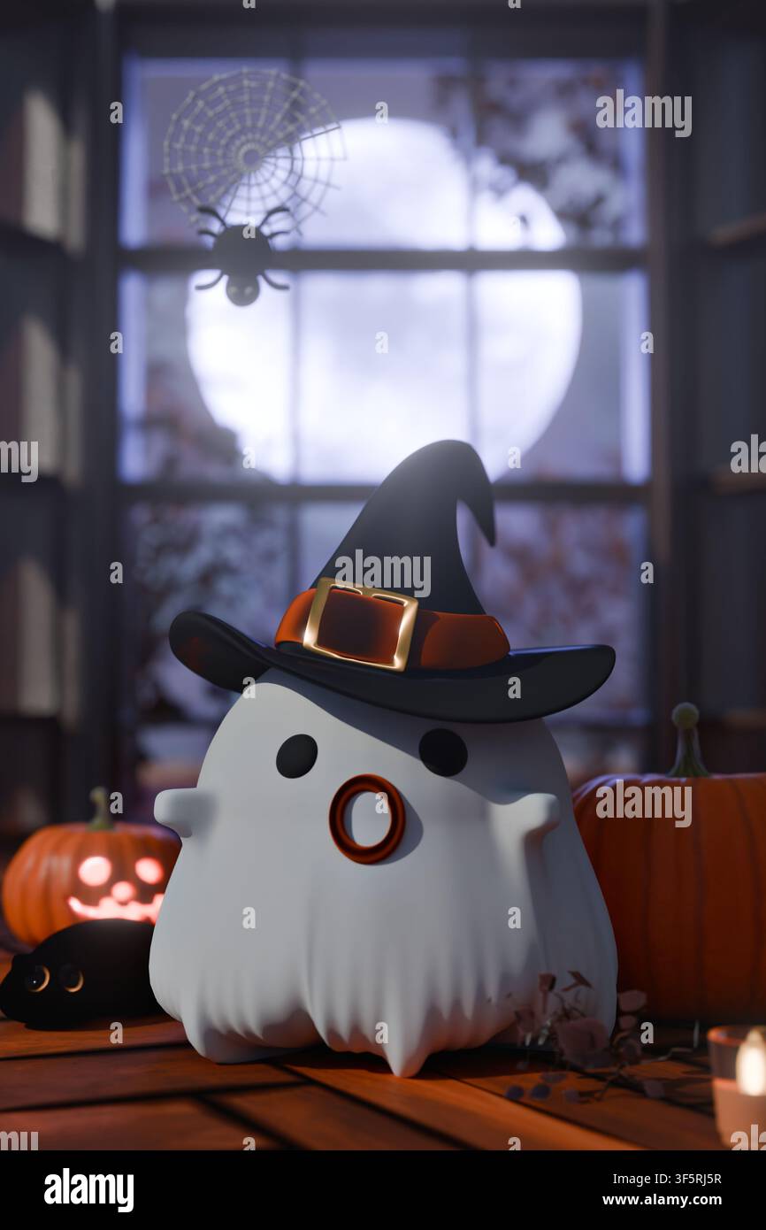 Personaggio fantasma di Halloween in 3D con cappello da strega in una stanza spettrale di notte, illustrazione carina in argilla stile cartone animato con zucche e sfondo di luna piena Foto Stock