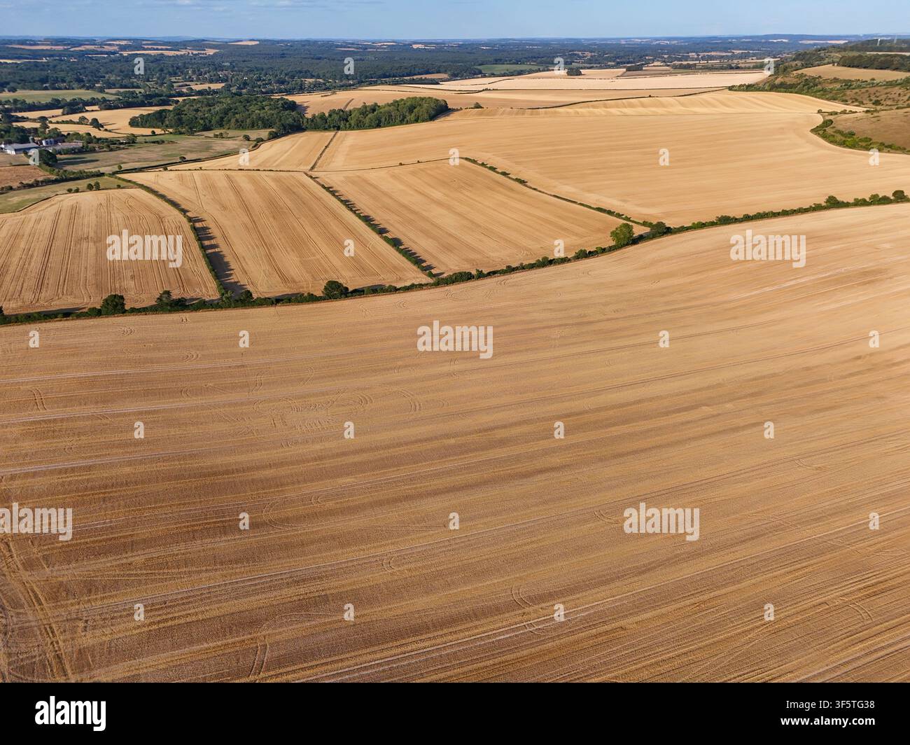 Riprese aeree di campi secchi dopo il raccolto a West Grimstead vicino a Salisbury Wiltshire Inghilterra dopo un periodo prolungato di tempo caldo e senza pioggia. Foto Stock