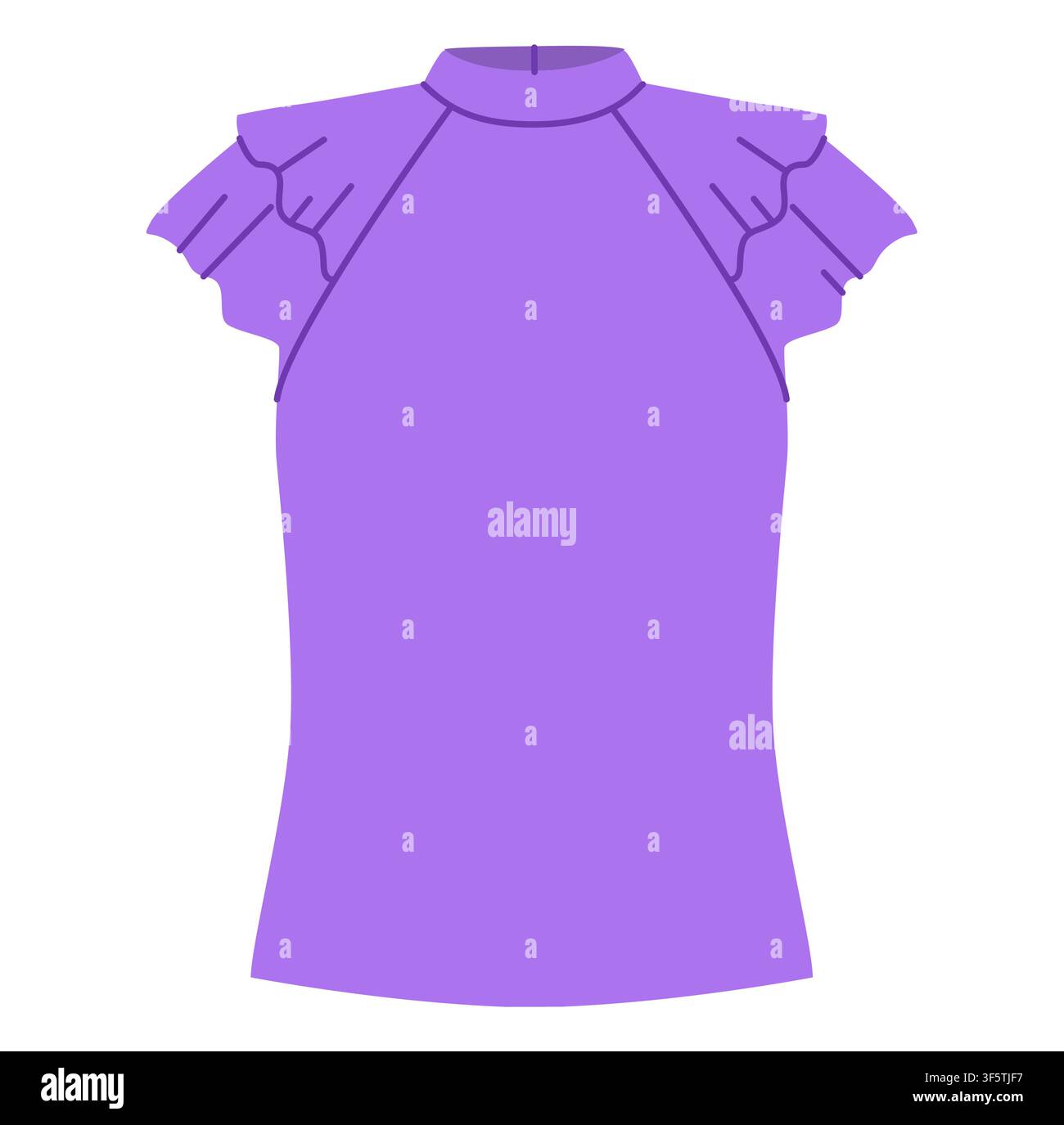 Camicia viola a collo alto con maniche a balze, silhouette aderente e linee di forma pulite che creano un look elegante. Illustrazione tecnica di moda vista frontale a colori piatti, modello pulito. Vettore Illustrazione Vettoriale