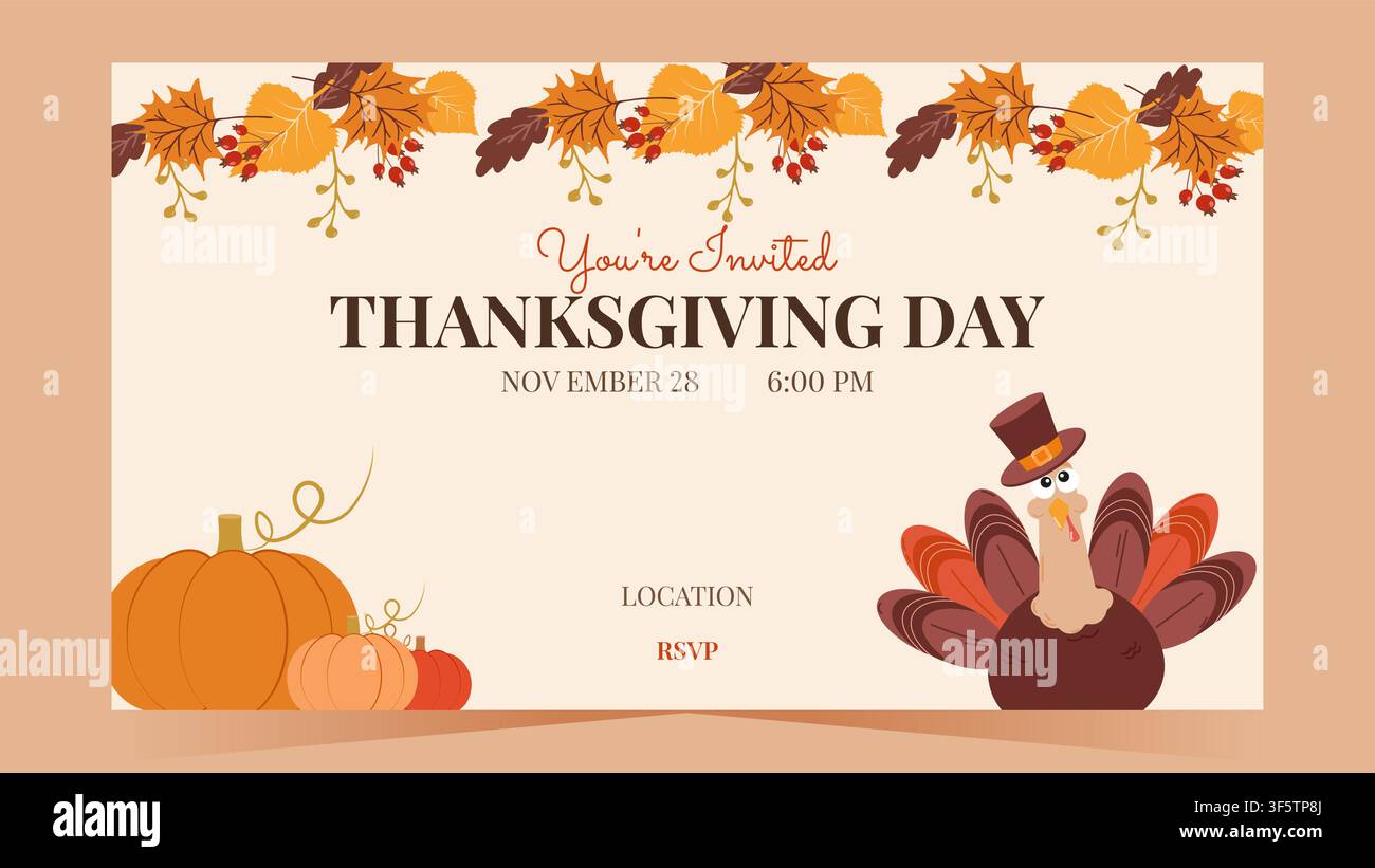 Tacchino carino con zucche e ghirlanda autunnale per un invito a una cena del Ringraziamento. Ideale per biglietti di auguri, eventi di festa e design di stampa, illustrazione vettoriale. Illustrazione Vettoriale