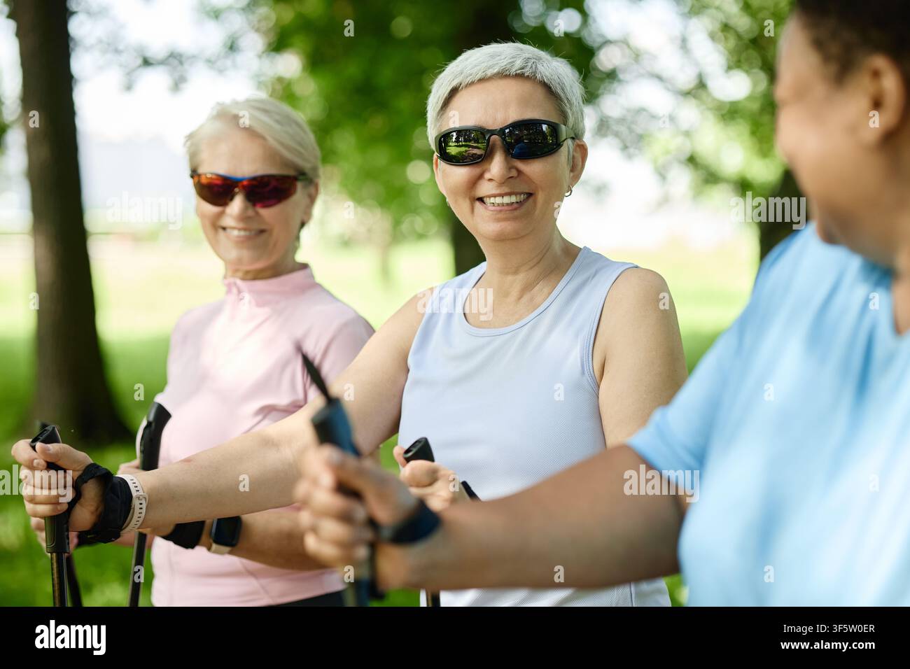 Ritratto di una donna anziana asiatica sorridente che fa Nordic Walking con amici nel parco Foto Stock