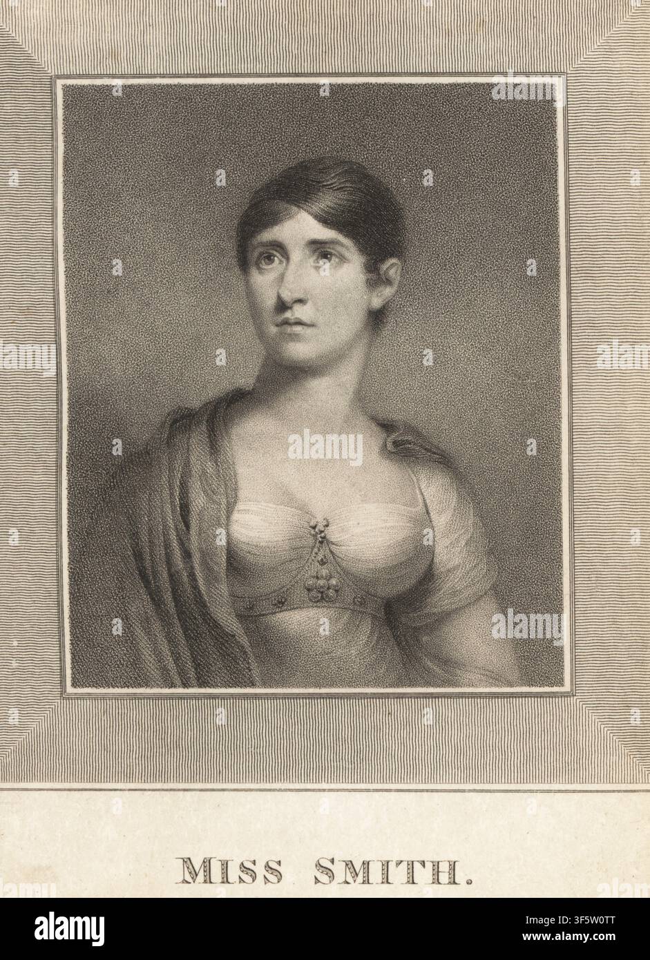 Sarah Smith, in seguito Sarah Bartley (1783–1850), attrice britannica che iniziò la sua carriera all’età di 16 anni. Sposò l’attore comico inglese George Bartley nel 1814. Raffigurata con i capelli raccolti, in mantello, abito a scollo profondo e a maniche corte con bustino ornato di gioielli. Miss Smith. Incisione all’acquaforte di Anthony Carden su un ritratto a miniatura originale di Thomas Hargreaves pubblicato in La Belle Assemble, John Bell, aprile 1812. Foto Stock