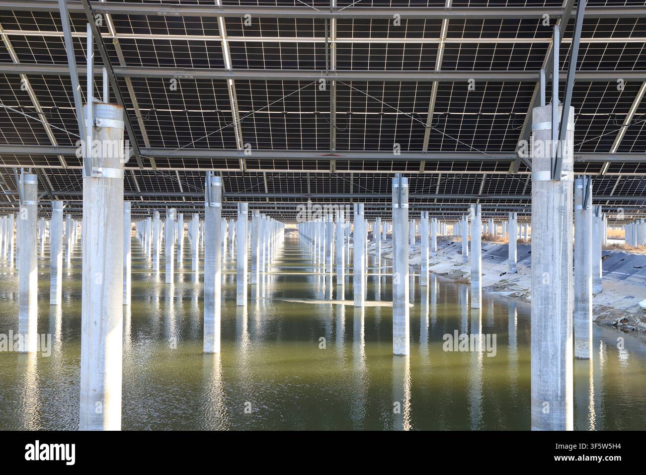 L'immagine mostra l'interno di una centrale solare galleggiante, con file di pilastri in cemento che sostengono i pannelli solari. Acqua calma si trova sotto, con cle Foto Stock