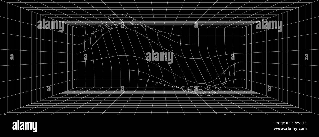Renderizzazione in prospettiva a griglia con distorsioni ondulate. Illustrazione Vettoriale