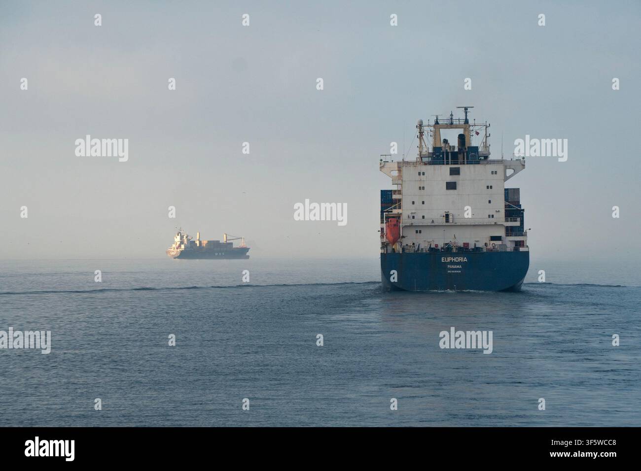 Istanbul, Turchia. 4 ago, 2026. Grandi navi da carico navigano sulle acque calme del Bosforo a Istanbul, Turchia. (Credit Image: © Moe Zoyari/ZUMA Press Wire) USO EDITORIALE SOLO! Non per USO COMMERCIALE! Foto Stock