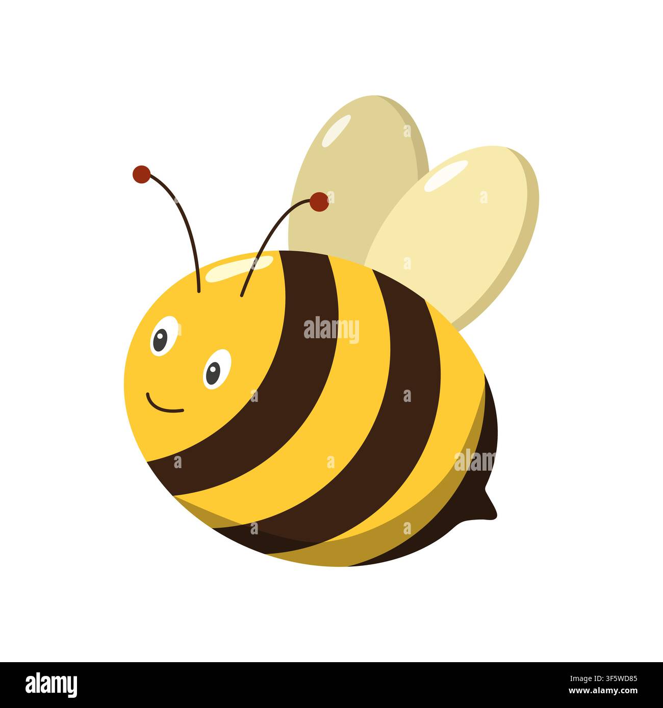 Ape cartone animato con corpo giallo, strisce nere, viso sorridente, antenne a punta rossa e ali chiare, disegnata Illustrazione Vettoriale