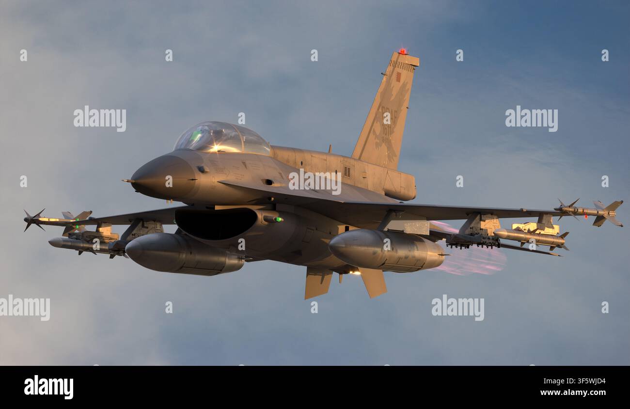 Un caccia polivalente F-16D durante un volo di combattimento Foto Stock