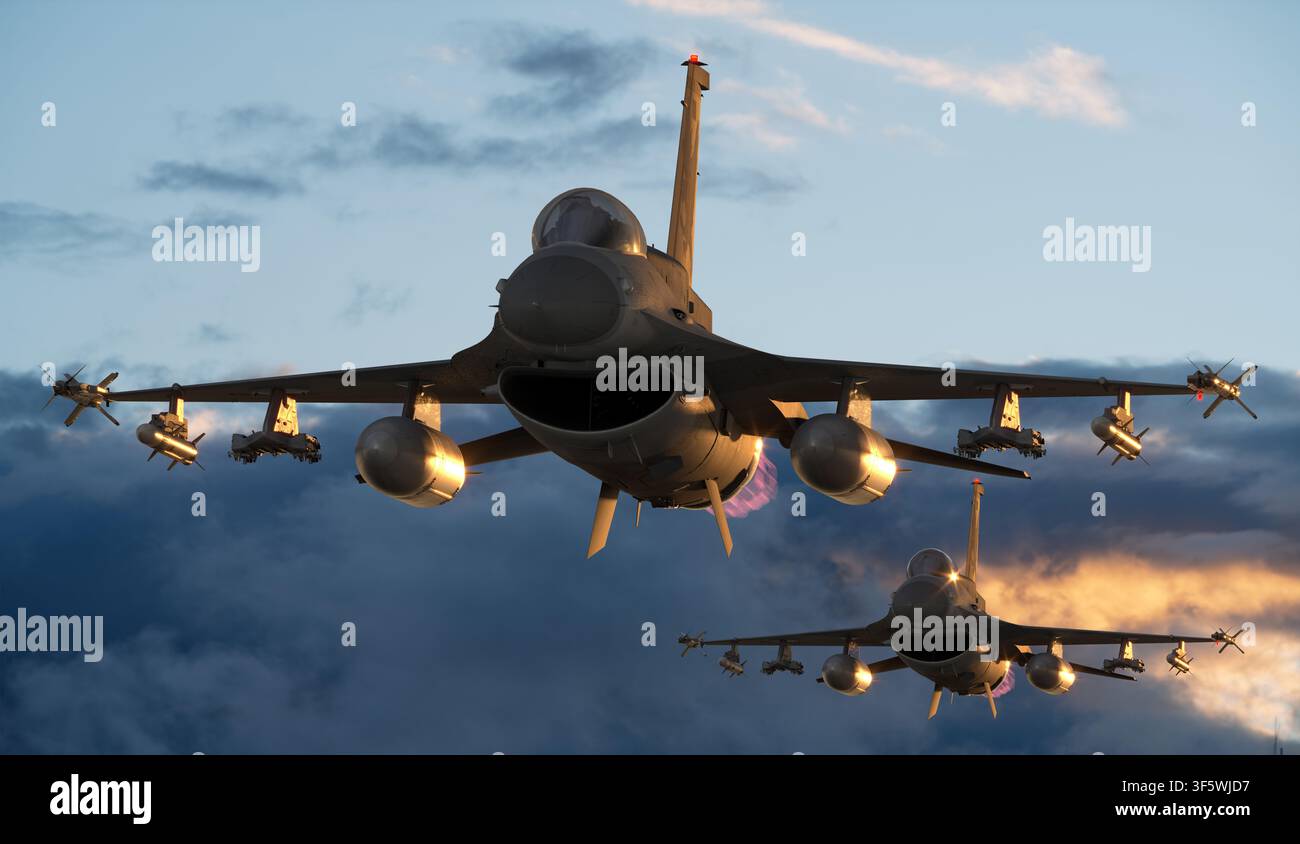 Un caccia polivalente F-16D durante un volo di combattimento Foto Stock