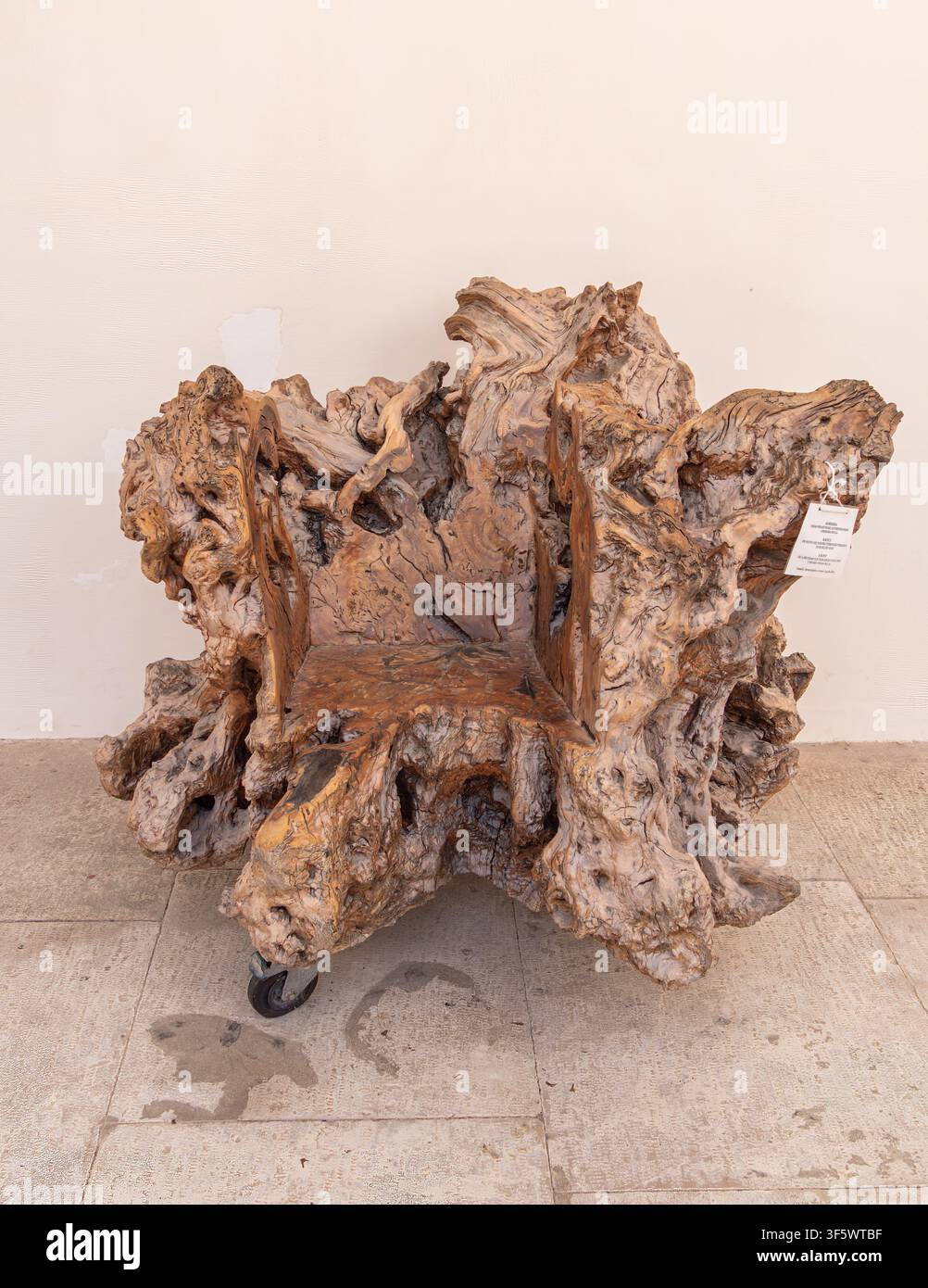 Piran, Slovenia - 10 luglio 2026: Poltrona rustica intagliata da una grande radice naturale di albero su ruote, mostrata all'interno contro un muro semplice. Arte unica fatta a mano Foto Stock