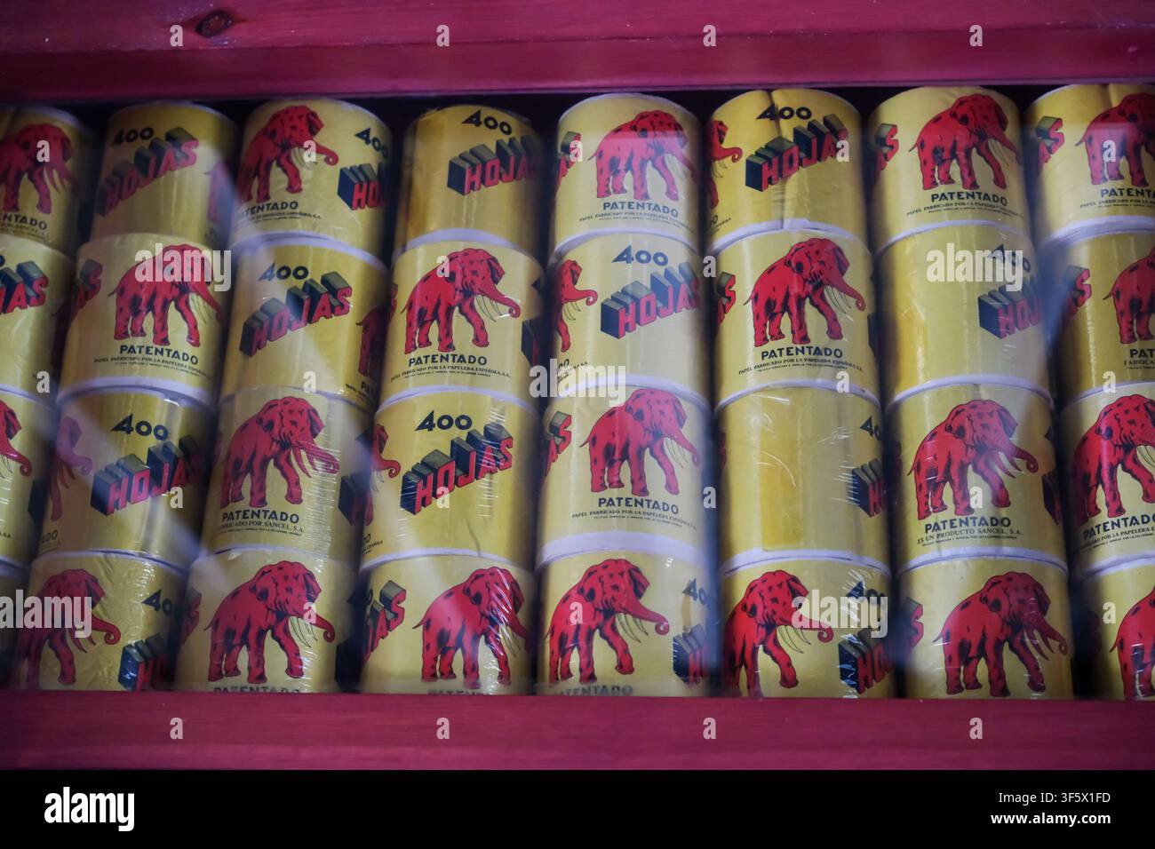16 maggio 2026. Lleida, Catalogna, Spagna. Rotoli di carta igienica spagnoli vintage con logo elefante rosso e design di packaging retrò. Foto Stock