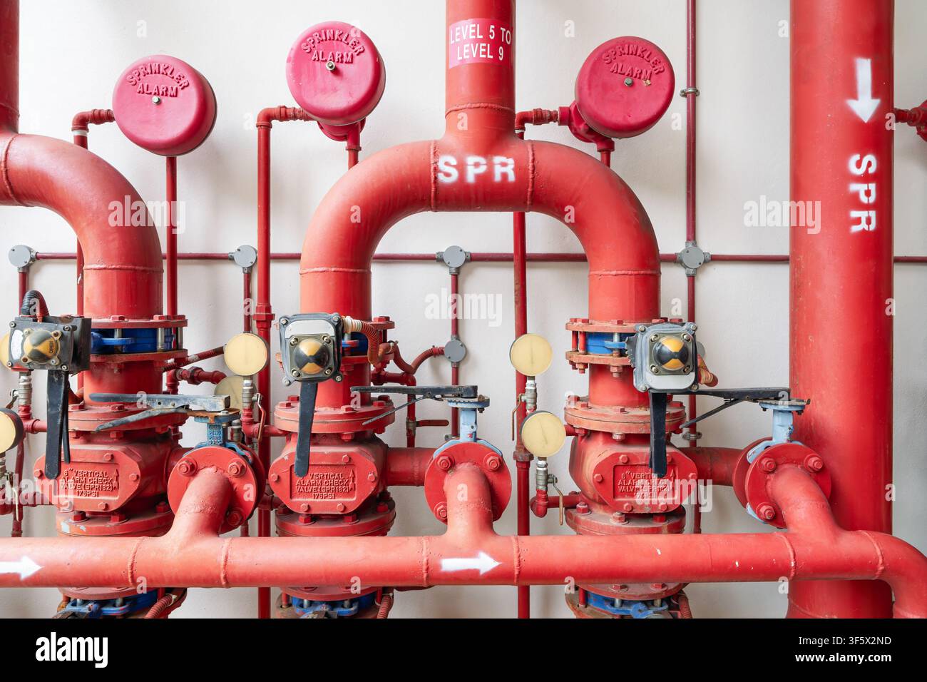Prima piano di un sistema di sprinkler antincendio industriale con tubi rossi, valvole di allarme e manometri che creano uno sfondo di protezione antincendio affidabile con spazio per il testo Foto Stock