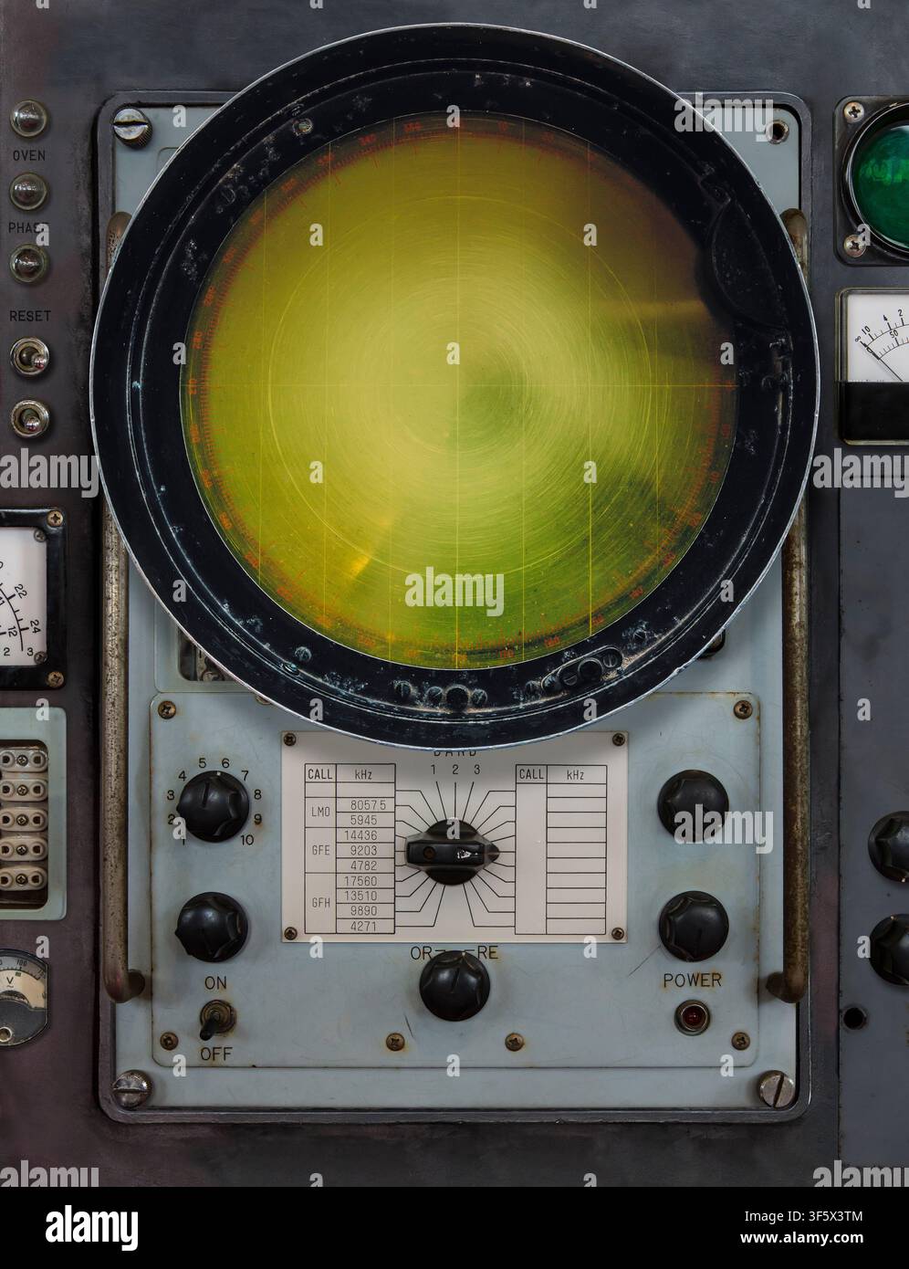 Display radar navale antico con uno schermo verde circolare. Sono stati aggiunti comandi e manopole meccanici non correlati e non fanno parte del sistema radar Foto Stock